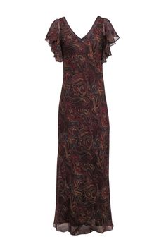 Make a stylish statement in this Lauren Ralph Lauren maxi dress! The precious paisley print in maroon, teal, and tan is perfect for an autumn event. With an elegant maxi length and romantic ruffled shoulder detail, you'll turn heads in this unique dress. Go glam with a strappy gold heel or add a pop of color with teal pumps. Size 10 100% Silk Lined Pullover V-neck Ruffled shoulder detail Maxi length Light fraying blemish at v-neckline Bust 34" Waist 30.5" Shoulder to hem 62.5" Elegant Paisley Print Maxi Dress For Fall, Sleeveless Paisley Print Maxi Dress For Party, Elegant Fitted Maxi Dress With Paisley Print, Elegant Brown Floral Print Maxi Dress, Elegant Sleeveless Maxi Dress With Paisley Print, Elegant Sleeveless Paisley Print Maxi Dress, Elegant Sleeveless Paisley Maxi Dress, Teal Pumps, Gold Strappy Heels