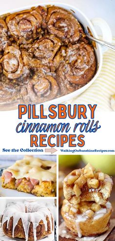 a collage of cinnamon rolls with icing on top and in the background, there are pictures of different desserts