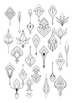 an image of different designs on a white background, including hearts and arrows in black ink