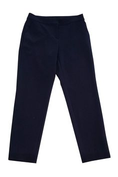 Current Boutique-St. John - Navy Blue Trousers Sz 4 Navy Straight Leg Dress Pants For Work, Navy Tapered Leg Workwear Pants, Navy Tapered Leg Pants For Work, Navy Pants With Welt Pockets For Workwear, Blue Straight Bottoms For Workwear, Blue Straight Bottoms For Work, Elegant Navy Dress Pants For Work, Classic Navy Dress Pants For Work, Navy Bottoms With Welt Pockets For Work