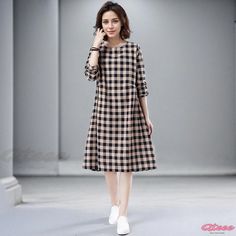 Qteee - Literary Loose Round Neck Plaid Cotton Linen Long Sleeve Casual Dress Casual Plaid Midi Dress, Casual Plaid Knee-length Midi Dress, Casual Plaid Midi Dress For Spring, Casual Plaid Cotton Midi Dress, Long Sleeve Casual Dress, Printed Maxi, Printed Maxi Dress, Long Sleeve Casual, Cotton Linen