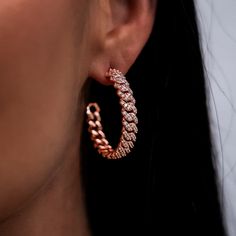 Introducing the Diamond Prong Hoop Earrings in 14k Rose Gold. Available in four different sizes and three colors, we took your favorite chain and bracelet and transformed them into finely detailed hoops! Featuring a micro cuban link pattern and covered in hand-set stones, these earrings are perfect for every occasion. Complete the matching set with the Micro Diamond Prong Chain and Bracelet in Rose Gold! This product is guaranteed for life – GLD will repair or replace the item should you experie Rose Gold Diamond Single Earring, Rose Gold Sterling Silver Hoop Earrings Fine Jewelry, Rose Gold Sterling Silver Hoop Earrings, Rose Gold Diamond-cut Hoop Earrings, Rose Gold Hoop Earrings With Prong Setting, Diamond-cut Diamond Hoop Earrings In Rose Gold, Diamond Cut Rose Gold Hoop Earrings, 14k Rose Gold Hoop Earrings With Prong Setting, Rose Gold 14k Hoop Earrings With Prong Setting