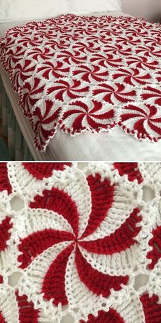 crocheted bedspread made with red and white yarns in the shape of an ornament