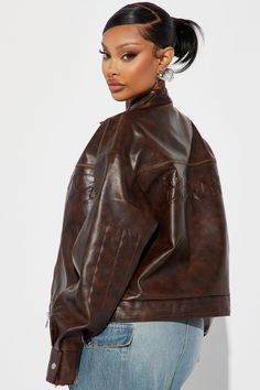 Available In Brown. Moto Jacket Verbiage Embossed Collar Snap Button Closure Full Zip Closure Shell: 100% Polyurethane Lining: 100% Polyester Imported | Fatally Hot Faux Leather Moto Jacket in Brown size XL by Fashion Nova Brown Moto Jacket, Sweater Jumpsuit, Faux Leather Moto Jacket, Leather Moto, Leather Moto Jacket, Brown Fashion, Matching Dresses, Moto Jacket, Jacket Style