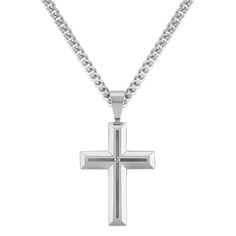 This contemporary cross necklace is made from quality stainless steel with satin finish for texture. Highlighting the design is a .03 carat total weight round diamond in the center. The cross hangs from a matching 24-inch stainless steel chain. Engraved Stainless Steel Cross Necklaces, Modern Silver Necklace With Cross Pendant, Engraved Stainless Steel Cross Pendant Necklace, Elegant Stainless Steel Cross Pendant Necklace, White Gold Stainless Steel Cross Pendant Necklace, White Gold Polished Cross Necklace, White Gold Stainless Steel Cross Necklace, Elegant Stainless Steel Cross Necklace, Silver Diamond Cut Crucifix Necklace