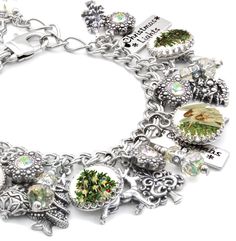 This beautiful silver "Oh Christmas Tree" charm bracelet is vintage inspired jewelry with includes vintage images of Christmas Trees from greeting cards of the late 1800's with green aurora crystals. Stainless Steel, never turn or tarnish Vintage images of Angels and Christmas Trees from the early 1900's Charms of Christmas Trees Emerald Aurora Colorful Crystals Engraved Charms Adjustable with Custom Sizing Available Easy on Easy off secure clasp Handcrafted for comfort and a perfect fit Gift Bo Images Of Christmas Trees, Images Of Christmas, Egyptian Bracelet, Holiday Bracelets, Christmas Tree Charm, Oh Christmas Tree, Tree Jewelry, Jewelry Christmas Tree, Vintage Inspired Jewelry