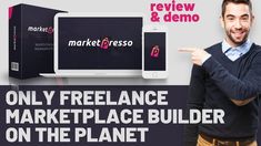 a man pointing to the side of a computer screen that reads, only freelance marketplace builder on the planet