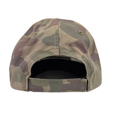 a camo cap with a black patch on the front