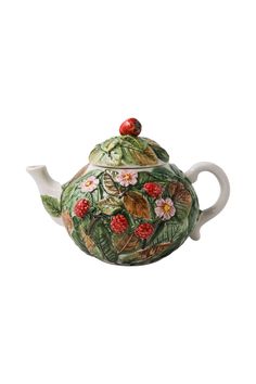 Fragola Teapot - Skye McAlpine Tavola Skye Mcalpine, Fresh Mint Tea, Fruit Decorations, Automatic Coffee Machine, Mint Tea, Ceramic Hand, Colorful Fruit, Ceramic Teapots, Gold Labels