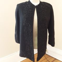 "1980s, 36\" bust, black glass beaded wool gabardine cardigan no fasteners, With 3/4 length sleeves. Embroidery is throughout jacket covering sleeves, front , back and hem. Very elaborate floral design at chest and upper back. Jacket is fully lined in black silk. Measurements: bust 36\" bust Shoulder to shoulder 15\" Shoulder to hem 24\" Sleeves 17\" long Arm holes 9\" Width at bottom 40\" Condition : excellent" Vintage Beaded Party Outerwear, Black Beaded Winter Outerwear, Black Embellished Winter Cardigan, Satin Wrap Top, Black Gold Cardigan Knitting Pattern Uk France 1980’s, Vintage Beaded Cardigan, Jessica Brown, Taffeta Dress, Black Silk