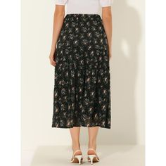 It is a perfect piece to be paired with a crop top or basic tee and sneakers for a stunning day look or styled with sandals to go out! A versatile floral skirt for daily casual style, or an eye-catching piece as a chiffon skirt. This long chiffon skirt creates an effortlessly elegant silhouette with its cinched waist and a tiered hem. This A-line skirt features a dainty floral print, ruched ruffles, and a tiered design in a perfect ankle length. Cut from chiffon fabric and soft lining with a flo Casual Floral Print Tiered Skirt Bottoms, Casual Tiered Skirt Bottoms With Floral Print, Casual Tiered Skirt, Casual Ruffled Skirt, Casual Denim Skirt With Ruffles, Casual Black Skirt For Brunch, Picnic Skirt, Beach Maxi Skirt, Long Chiffon Skirt