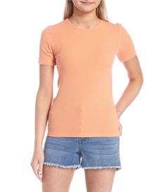 From Copper Key, this tee features: Scoop necklineShort sleevesSeam styling at center backRibbed knit fabricationPull on stylingCottonMachine wash/tumble dry Imported. Casual Fitted Short Sleeve Top With Ribbed Neckline, Cotton Ribbed Crew Neck Short Sleeve Top, Ribbed Crew Neck Cotton Short Sleeve Top, Ribbed Cotton Crew Neck Short Sleeve Top, Solid Stretch Knit Top With Crew Neck, Stretch Knit Top With Crew Neck, Cotton Knit Top With Ribbed Crew Neck, Spring Cotton Ribbed Short Sleeve Top, Spring Ribbed Cotton Short Sleeve Top