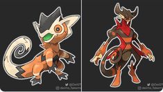 two pictures of different types of pokemons on black and white background, one with an orange tail