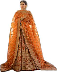 Orange Wedding Dress With Sheer Dupatta, Traditional Orange Dupatta, Golden Orange Bridal Lehenga, Orange Dupatta With Intricate Embroidery, Orange Lehenga With Sheer Dupatta, Orange Lehenga, Pakistani Bridal Dress, Choli Dress, Bridal Dupatta