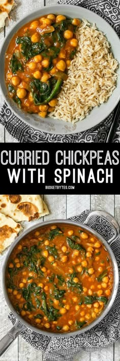 chickpeas with spinach and rice in a pan