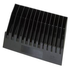 an aluminum heat plate with four rows of black plastic plates on the top and bottom