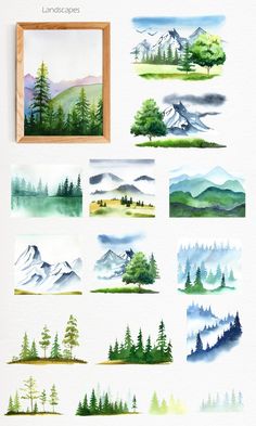 watercolor landscape paintings with mountains and trees