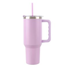 a pink travel mug with a straw in the cup and handle is shown against a white background