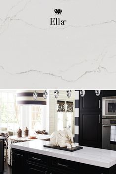 a kitchen with black cabinets and white marble counter tops is featured in the magazine ella