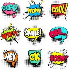 pop art comic speech bubbles with different colors and shapes on white background, set of nine