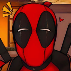 a deadpool character is sitting in front of a fireplace