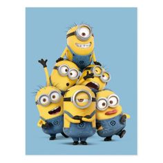 a group of minion standing next to each other in front of a blue background