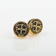 Benedictine Cross Stud Earrings Gold My Saint My Hero - Inspirational Jewelry Nickel-free Gold Cross Earrings, Gold Nickel-free Cross Earrings, Cross Stud Earrings, Cross Medal, Cross Earrings Studs, Stud Earrings Gold, Inspirational Jewelry, Tickled Pink, Gold Earrings Studs