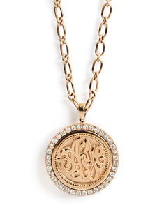 Luxury 14k Gold Monogram Necklace, Luxury Rose Gold Monogram Jewelry, Luxury Rose Gold Medallion Jewelry, Luxury White Gold Monogram Necklace, Luxury White Gold Monogram Jewelry, Luxury Monogram White Gold Necklace, Rose Gold Monogram Pendant Necklace, Yellow Gold Monogram Medallion Necklace, Luxury Initials Round Pendant Jewelry