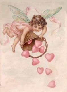 a painting of a cupid holding a basket with hearts floating from it and flying in the air