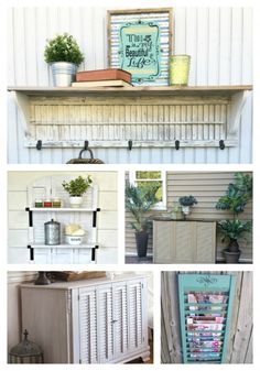 several different pictures of shelves with plants and books on them, including an old dresser