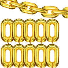 10 gold number balloons in the shape of numbers on a chain, with one balloon attached to