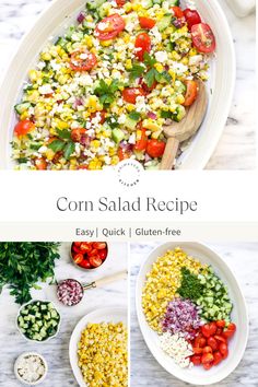 corn salad recipe is shown in three different pictures