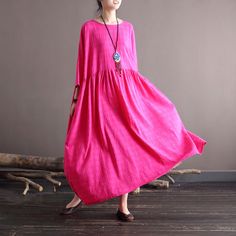 Round Neck Plaid Loose Cotton Midi Dress Oversized Cotton Dress For Loungewear, Casual Long Sleeve Cotton Dresses, Casual Cotton Maxi Dress For Loungewear, Oversized Cotton Casual Maxi Dress, Pink Cotton Casual Maxi Dress, Pink Casual Cotton Maxi Dress, Casual Cotton Loungewear Dress, Casual Pink Cotton Maxi Dress, Relaxed Fit Cotton Maxi Dress For Daywear