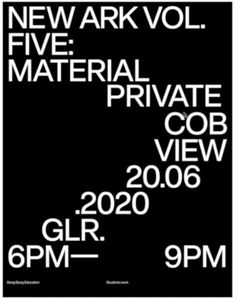 a poster with the words new ark vol five material private cob view on it