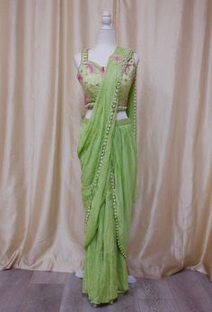 *Saree plus blouse set, prestitched and easy to wear  *Color: lime green, as pictured  *Indowestern Set  *Readymade: Bust 34, 36, 38 inches - please message us for size customization options! Prestitched Saree, Pearl Work, Floral Embroidery, Lime Green, Pink Floral, Beauty Book, Art Collection, Bathing Beauties, Saree