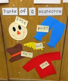 a door decorated with cut out parts of a scarecrow, hat and handwritten words