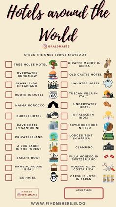 a hotel checklist with the words hotels around the world