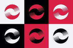 four different logos that appear to be made out of black, white and red squares