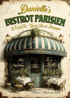 the front cover of a restaurant called bistro parsien, with tables and chairs outside