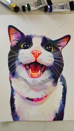 a painting of a black and white cat with its mouth open, showing it's teeth