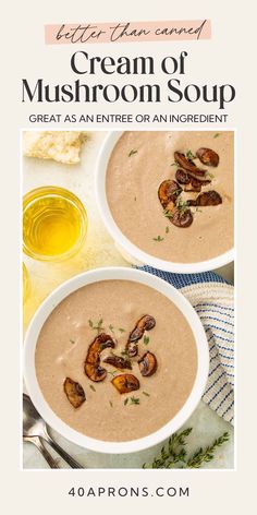 two bowls filled with cream of mushroom soup