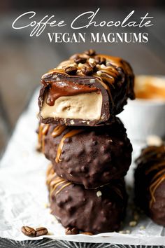 chocolate and caramel ice cream are stacked on top of each other with the words coffee chocolate vegan magnets