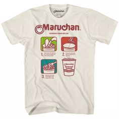 a white t - shirt with instructions on how to eat and drink marouhan