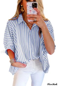 Olivia Mark - Sky Blue Oversized Dolman Sleeve Shirt Short Loungewear, Oversize Shirt, Blue Striped Shirt, Romper And Jacket, Oversized Blouse, Striped Sleeve, Oversized Top, Beach Holiday, Plus Size Blouses