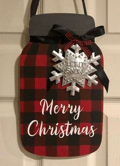 a red and black plaid christmas door hanger