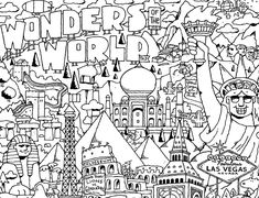 a black and white drawing with the words wonder world on it