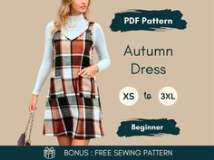 a woman wearing an autumn dress with the text, free sewing pattern for this item