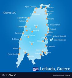 a map of the island of lefkada, greece with all its major cities