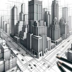 a drawing of a city with skyscrapers and cars