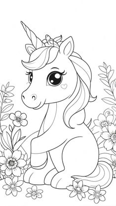 a cute little pony sitting on the ground surrounded by flowers and daisies coloring page